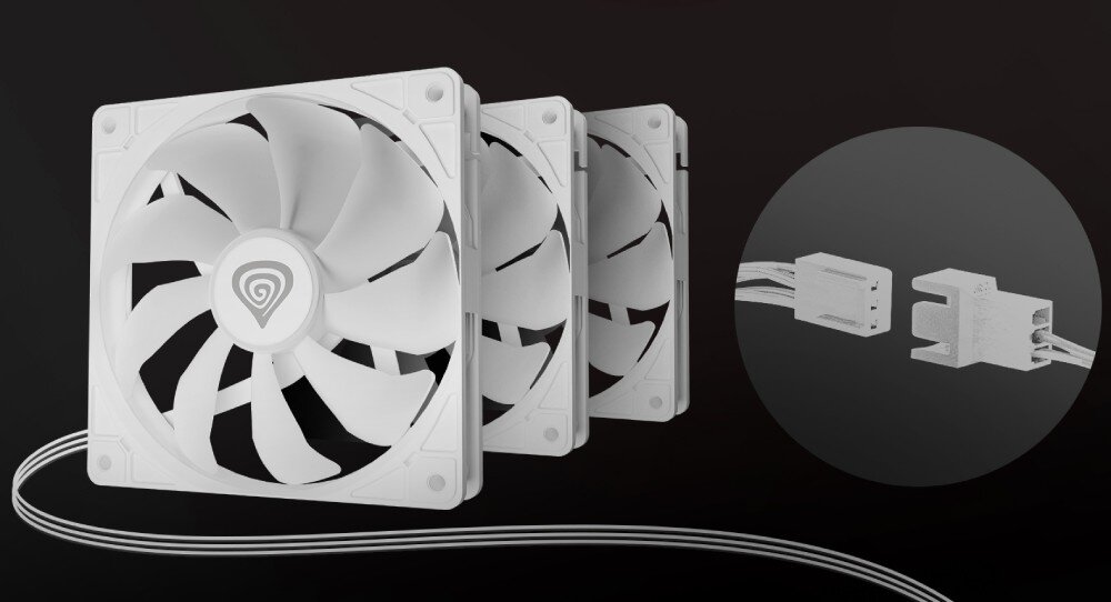 Wentylator GENESIS Oxal 120 ARGB Biały 3 szt. Trzy wentylatory ustawione jeden za drugim w rzędzie, bez podświetlenia, z białymi łopatkami. Po prawej stronie widoczne są dwa 3-pinowe złącza – żeńskie i męskie, podłączenie, złącze