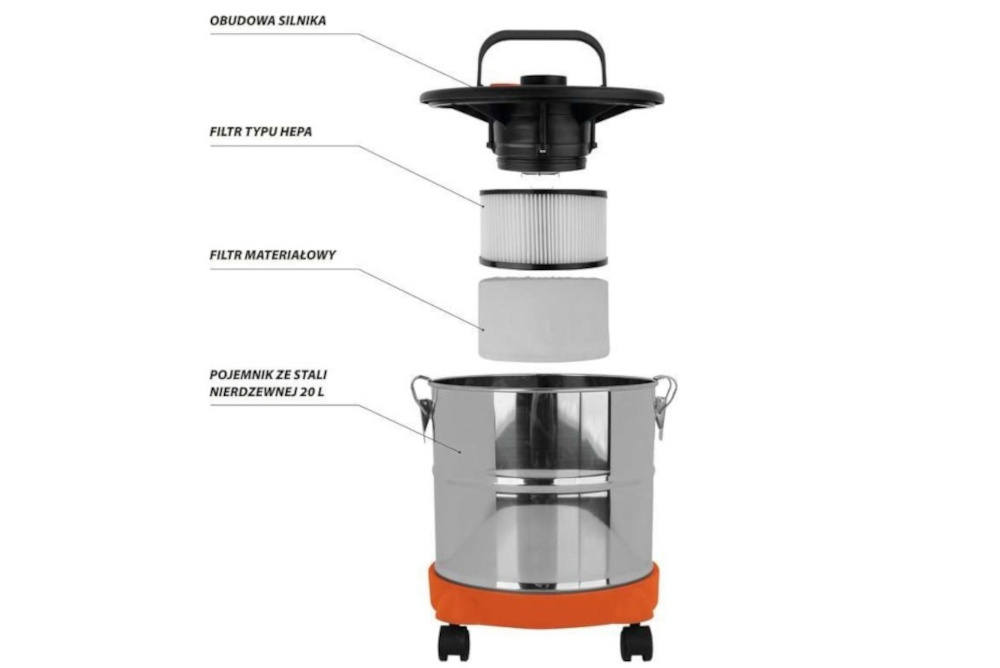Odkurzacz do popiołu TOYA 78870 filtr HEPA filtr materialowy zaaroodporny waz