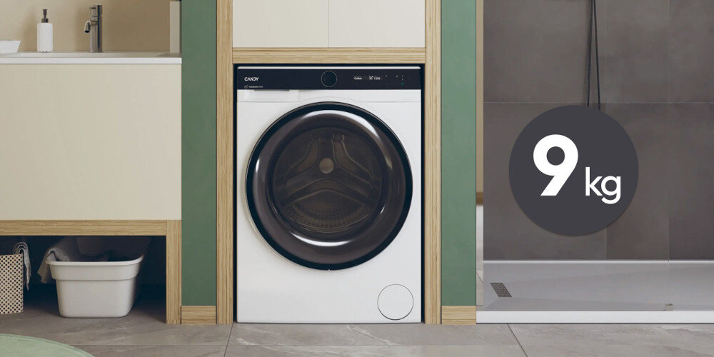 Pralka CANDY AI BS 49B9-S pojemność bębna 9 kg większa ilość prania rozpoznawanie wagi dopasowanie parametrów prania