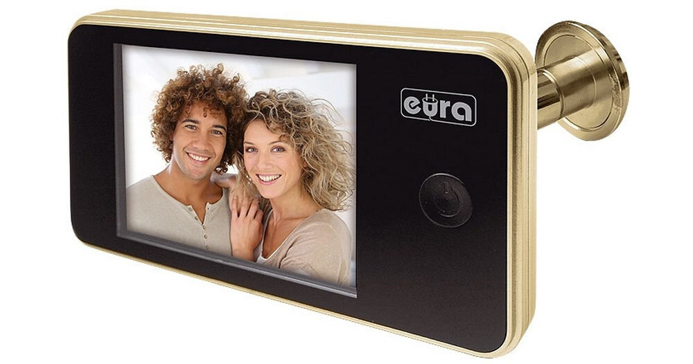 Wideo-wizjer EURA VDP-01C1 Eris Złoty, kontrola, bezpieczeństwo, monitorowanie, ochrona, na białym tle wide wizjer