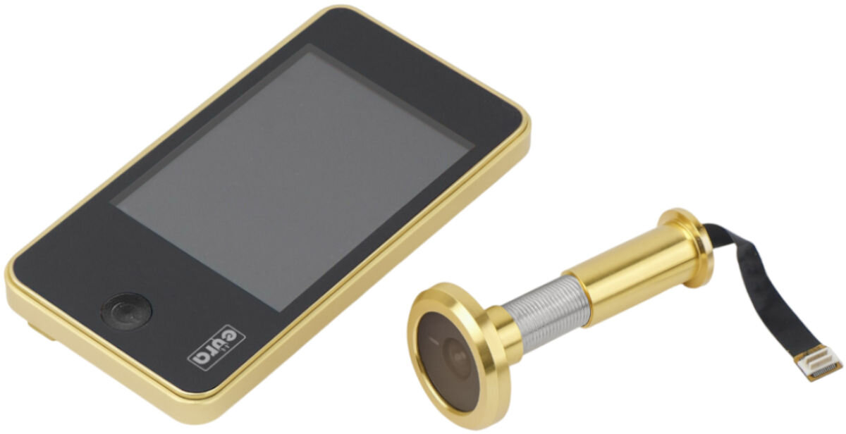 Wideo-wizjer EURA VDP-01C1 Eris Złoty, wizjer, judasz, lcd, kamera, na białym tle wizjer oraz uchwyt do wizjera