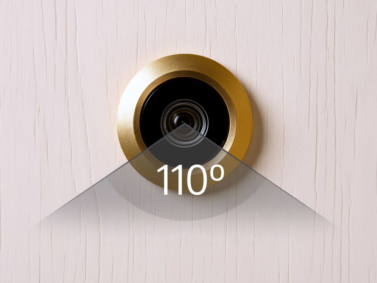 Wideo-wizjer EURA VDP-01C1 Eris Złoty, pole, drzwi, kamera, kąt, widzenia, na drewnianym tle kamera wraz z wizualizacją widzenia kąta