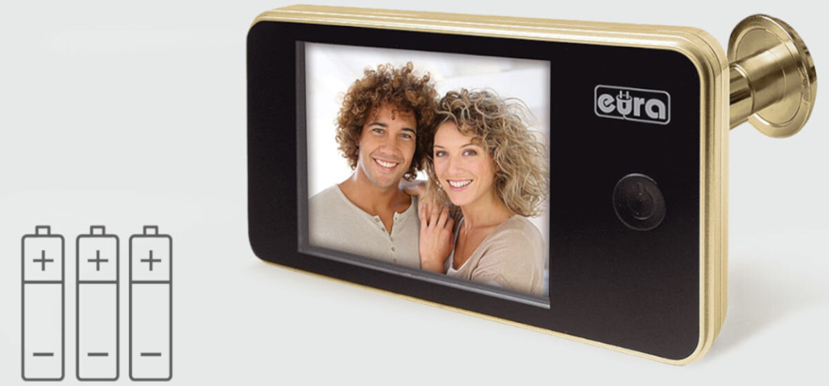 Wideo-wizjer EURA VDP-01C1 Eris Złoty, baterie, samodzielnie, konstrukcja, zasialnie, na szarym tle wideowizjer wraz z wizualizacją baterii AAA