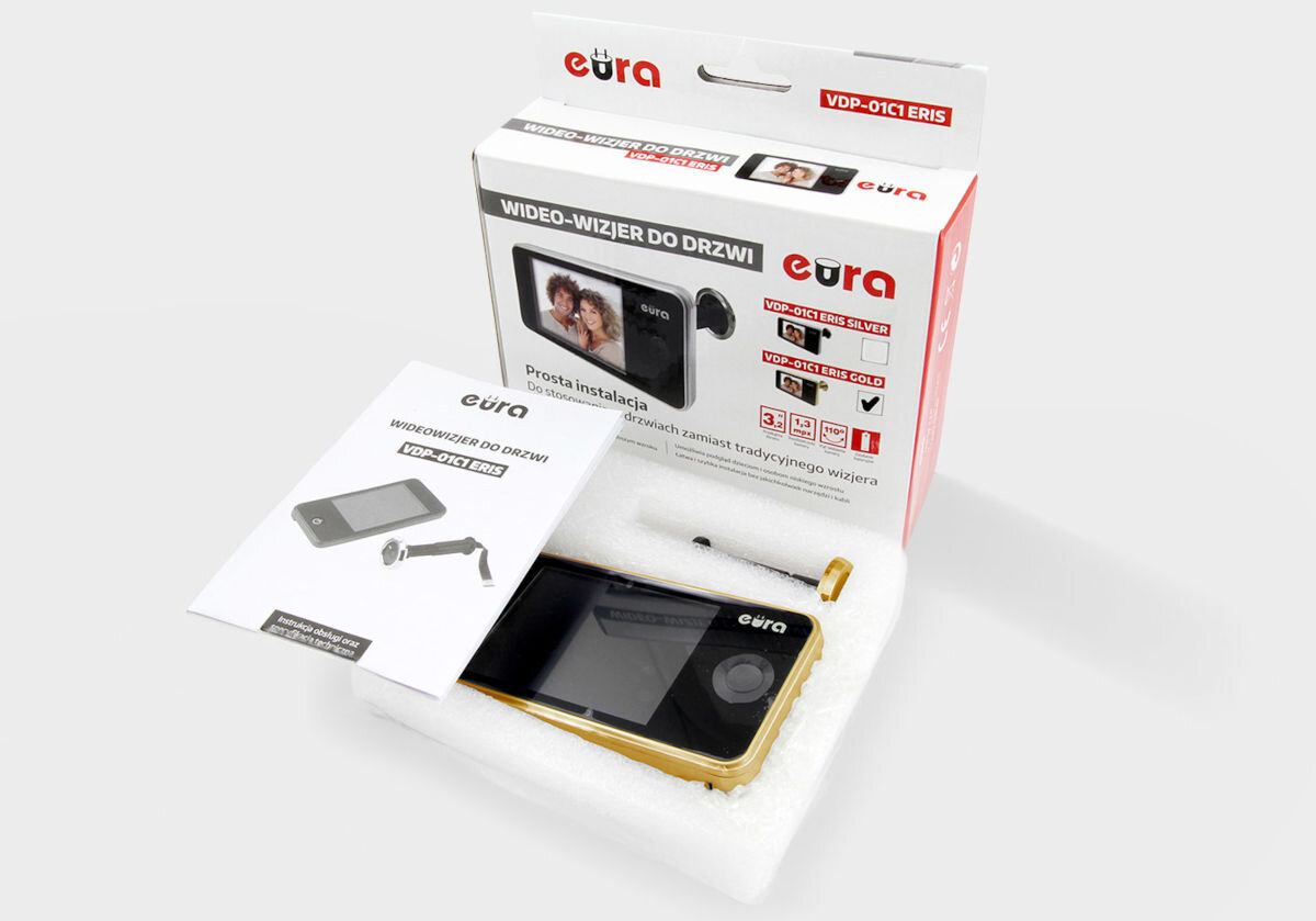 Wideo-wizjer EURA VDP-01C1 Eris Złoty, zestaw, Zawartość, opakowanie, instrukcja, na szarym tle opakowanie wideowizjera wraz z rozpakowaną zawartością