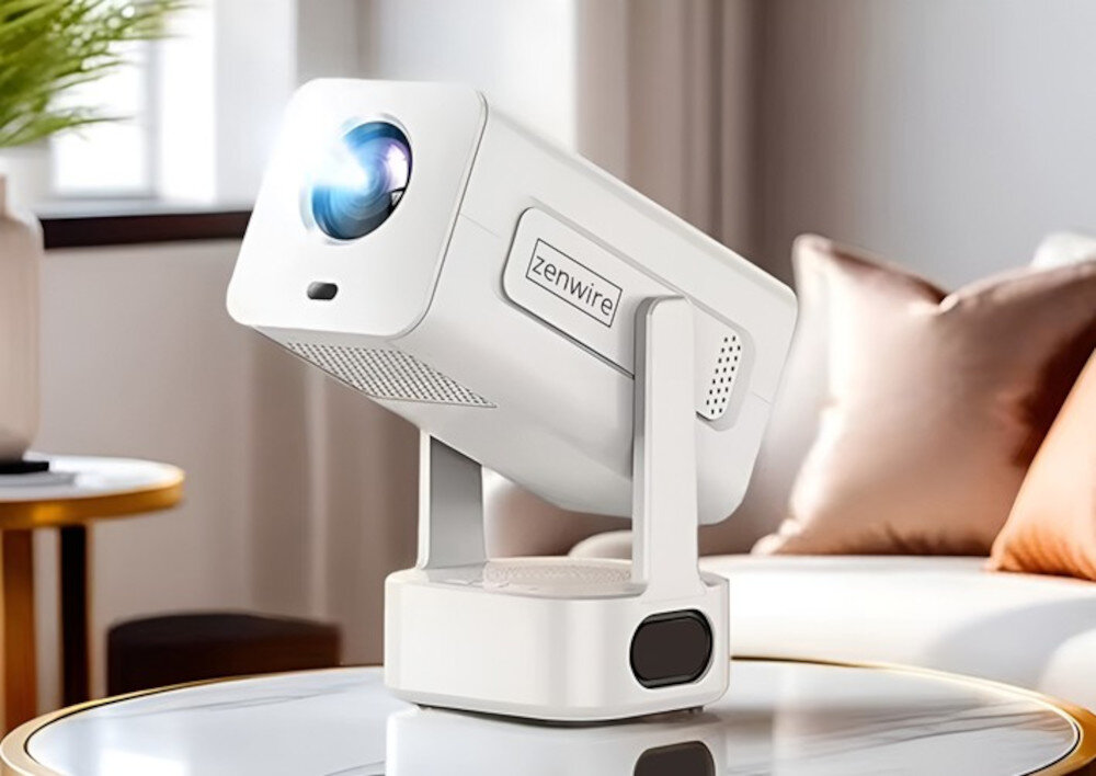 ZENWIRE PrimeView IMC360 mini projektor przenośny Full HD Android 13 WiFi 6 Bluetooth 5.2, projektor stojący na stoliku w pomieszczeniu