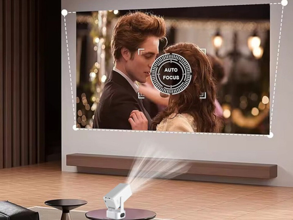 ZENWIRE PrimeView IMC360 Full HD 1920x1080p jasność 400 ANSI lumenów autofocus, projektor stojący na stoliku wyświetlający obraz na ścianie