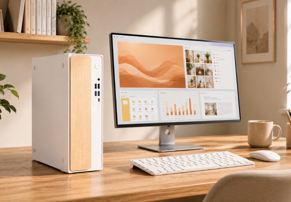 Komputer ACER Aspire XC102-RPL Komputer stacjonarny stoi na biurku obok włączonego monitora, klawiatury, myszki i kubka