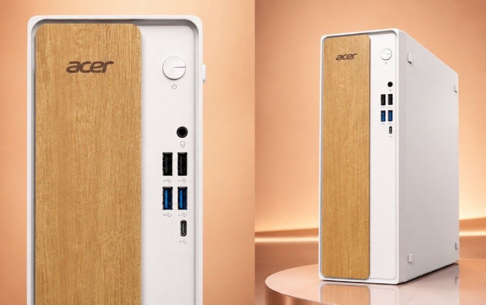 Komputer ACER Aspire XC102-RPL Zestawienie dwóch ujęć komputera stacjonarnego: zbliżenie na przednie porty wejścia oraz widok na całą obudowę z boku
