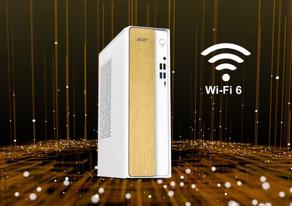 Komputer ACER Aspire XC102-RPL Obudowa komputera stacjonarnego na tle z grafiką sieciową oraz ikona sygnału bezprzewodowego z napisem 'Wi-Fi 6'