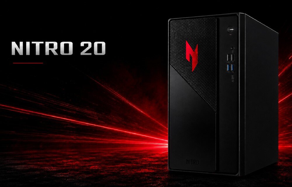 Komputer ACER Nitro N20-101-RPL Obudowa komputera stacjonarnego na tle ze świetlnymi liniami i napisem po lewej stronie
