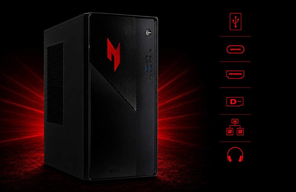 Komputer ACER Nitro N20-101-RPL Obudowa komputera stacjonarnego z widocznym obok zestawem ikon symbolizujących złącza i porty