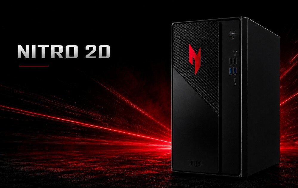 Komputer ACER Nitro N20-101-RPL Czarna obudowa komputerowa z czerwonym logo w kształcie litery N na przednim panelu, umieszczona na ciemnym tle z czerwonymi smugami światła i napisem Nitro 20, opis