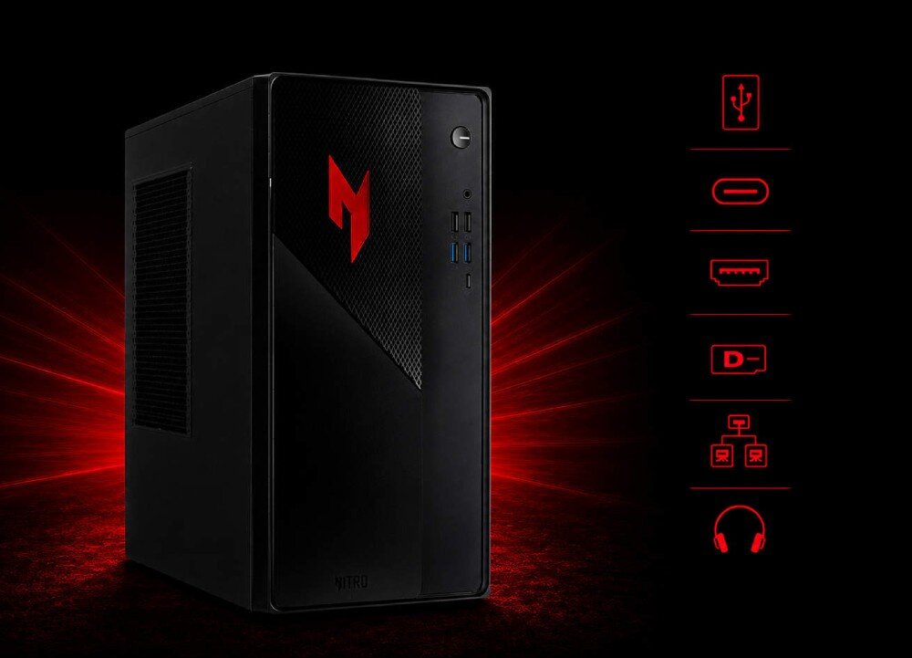 Komputer ACER Nitro N20-101-RPL Czarna obudowa komputerowa z czerwonym logo, obok której pionowo umieszczono czerwone ikony symbolizujące złącza USB, HDMI, DisplayPort, sieć oraz słuchawki, porty, złącza