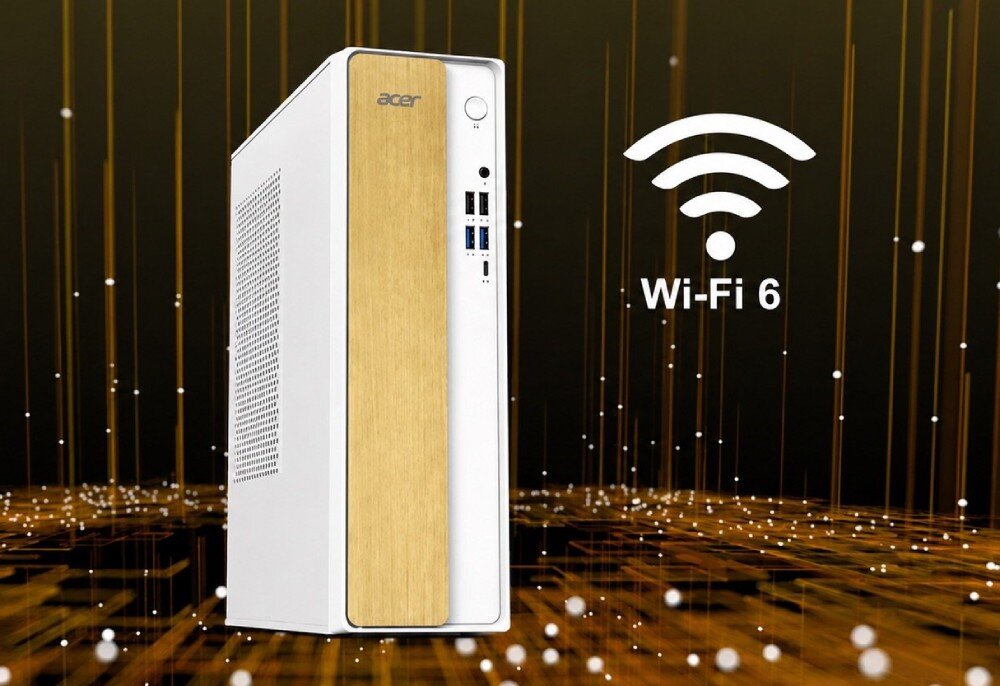 Obraz przedstawia komputer stacjonarny z logo \'acer\' na przednim panelu, obok którego widnieje symbol Wi-Fi i napis \'Wi-Fi 6\'. Tło jest ciemne z jasnymi, pionowymi liniami i punktami.