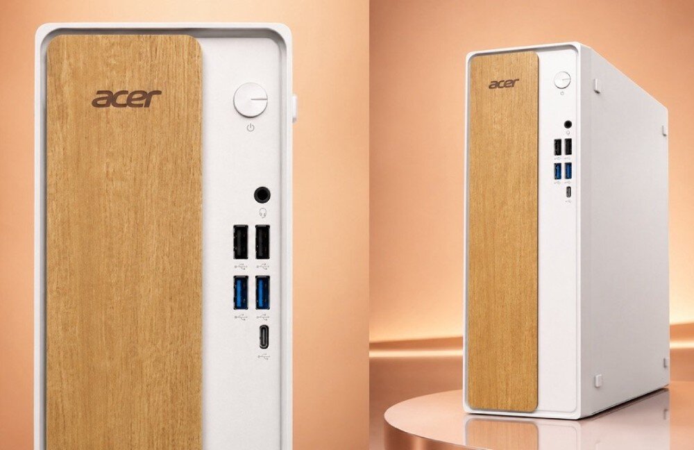 Obraz przedstawia biały komputer stacjonarny z drewnianym panelem na przedniej części obudowy. Na panelu widoczne jest logo \'acer\' oraz kilka portów USB i przycisk zasilania.