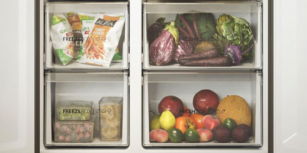 LODÓWKA HAIER HSR3918ENPG wizualizacja zdjęcie lifestyle Dwie szuflady przezroczyste widoczne wnętrze Freeze bok surowe ryby mięso owoce morza warzywa łatwa organizacja