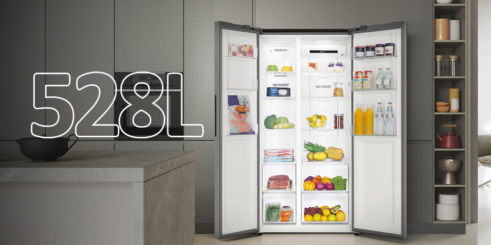 LODÓWKA HAIER HSR3918ENPG wizualizacja zdjęcie lifestyle otwarta wnętrze zabudowa kuchenna Imponująca pojemność 528 litrów dla dużej rodziny dużo miejsca przestrzeń wnętrze półki szuflady łatwy dostęp