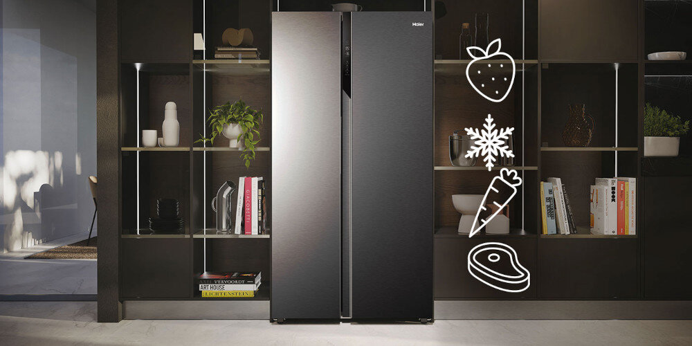 LODÓWKA HAIER HSR3918ENPG wizualizacja zdjęcie lifestyle ikony owoce warzywa grfiki front zamknite drzwi zabudowa meble pokój dwie praktyczne funkcje szybkie ekspresowe obniżanie temperatury chłodzenie mrożenie Super-Cool Super-Freeze