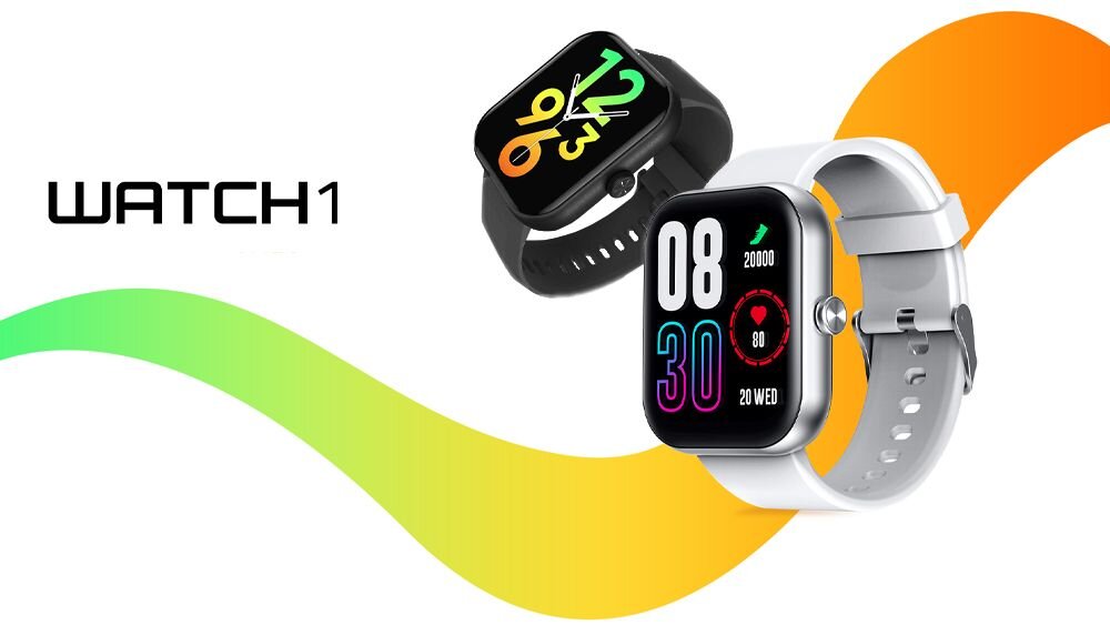 Obraz przedstawia dwa smartwatche z kolorowymi wyświetlaczami, jeden z czarnym paskiem, drugi z białym. Obok znajduje się napis \'WATCH1\' oraz kolorowa fala w tle.