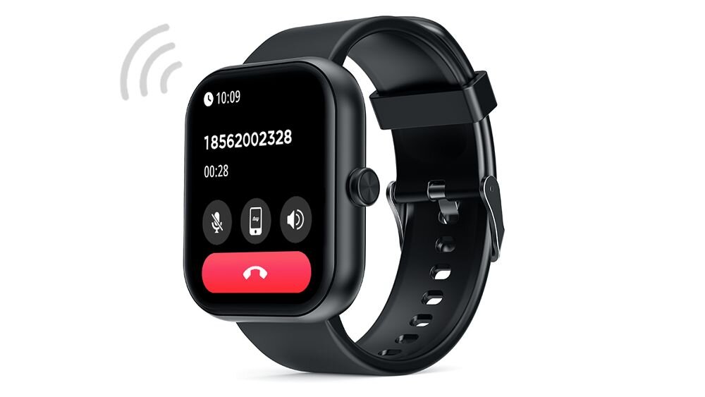 Czarny smartwatch z wyświetlaczem pokazującym godzinę 10:09 oraz numer telefonu 18562002328. Na ekranie widoczne są ikony mikrofonu, głośnika i czerwonego przycisku zakończenia połączenia.