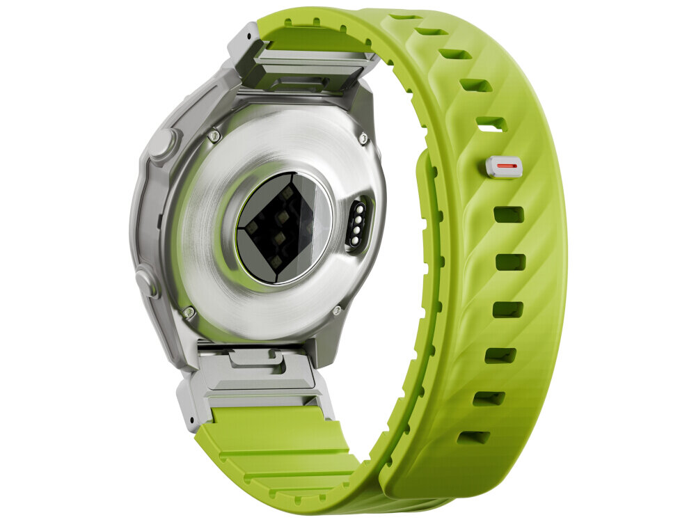 Zielony pasek do zegarka z metalowym zapięciem i otworami na całej długości. Widoczna jest tylna część koperty zegarka z czujnikiem i złączem.