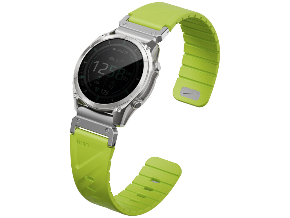 Zegarek z metalową kopertą i limonkowym paskiem z tworzywa sztucznego. Na pasku widoczne jest logo \'UNIQ\'.