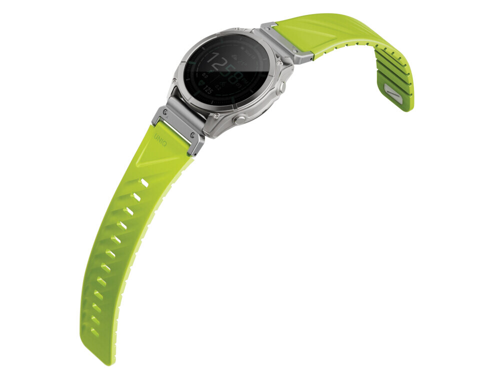 Zegarek z metalową kopertą i limonkowym paskiem z tworzywa sztucznego. Na pasku widoczne jest logo \'UNIQ\'.