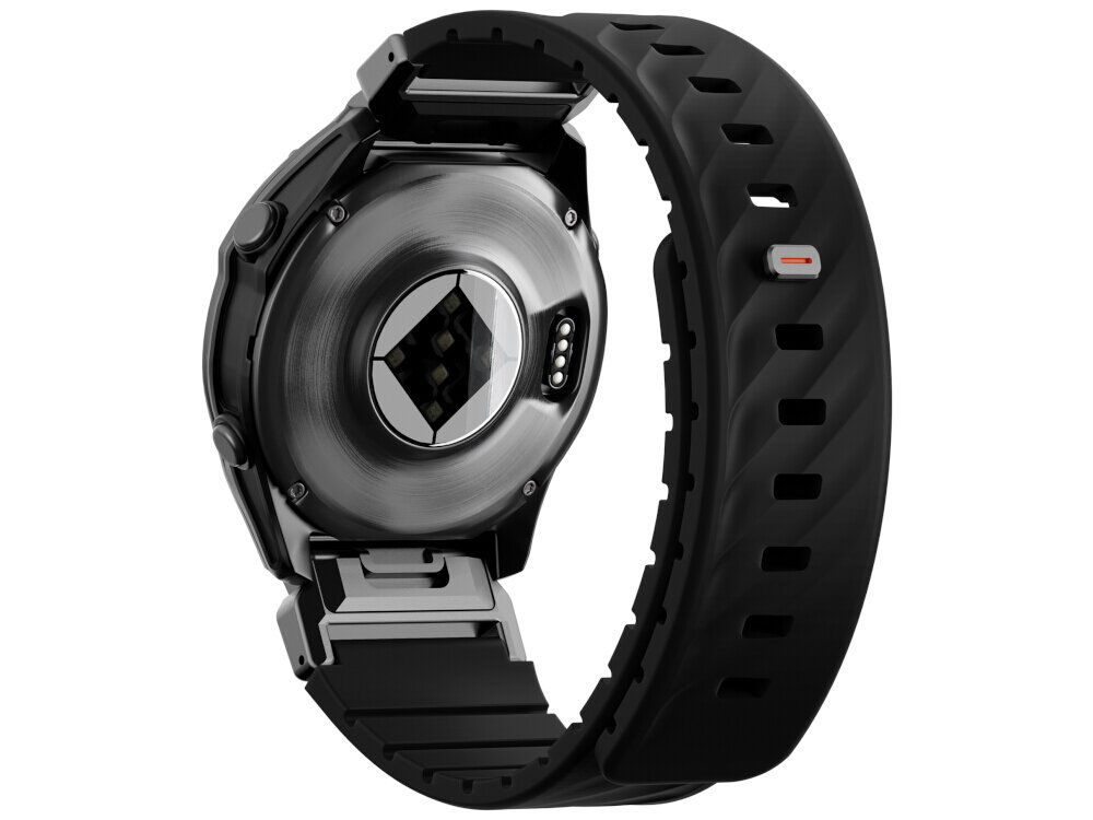 Czarny pasek do zegarka z widoczną klamrą i otworami regulacyjnymi. Zegarek ma metalową kopertę z czujnikiem na spodzie.