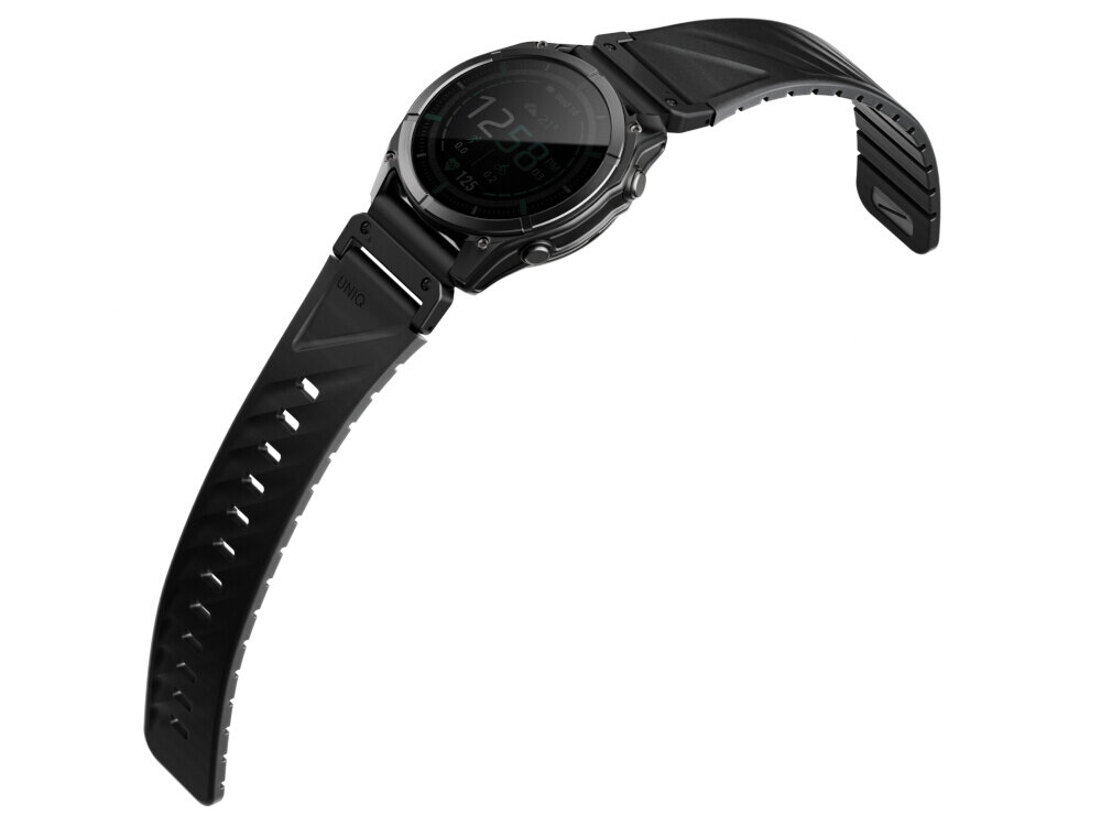 Czarny pasek do zegarka z widocznym logo \'UNIQ\' na zapięciu. Pasek ma perforacje i jest przymocowany do okrągłej koperty zegarka.