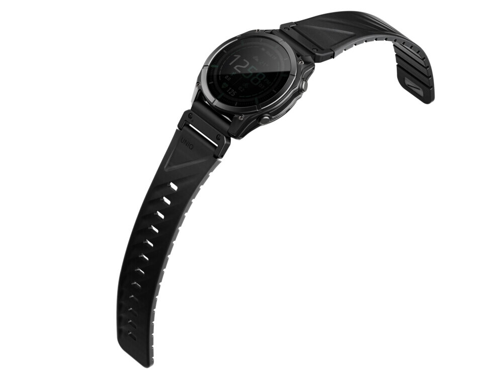 Czarny pasek do zegarka z widocznym logo \'UNIQ\' na zapięciu, przeznaczony do koperty 50/51 mm. Pasek ma perforacje i jest wykonany z elastycznego materiału.