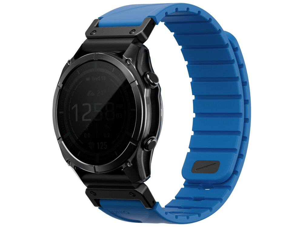 Czarny zegarek z okrągłą tarczą i niebieskim paskiem o szerokości 22 mm. Na ekranie widoczny jest czas 12:58 oraz ikony pogody i tętna.