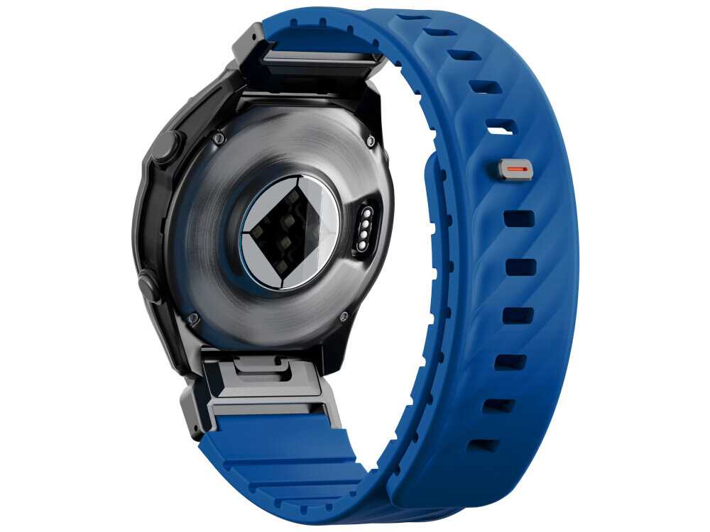 Niebieski pasek do zegarka z widocznym zapięciem i otworami regulacyjnymi. Zegarek ma metalową kopertę z czarnymi elementami i czujnikiem na spodzie.