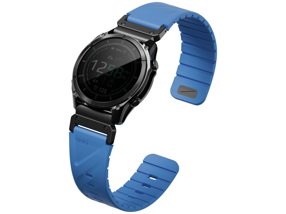 Zegarek z niebieskim paskiem, na którym widnieje napis \'UNIQ\'. Tarcza zegarka jest czarna z wyświetlanymi informacjami cyfrowymi.