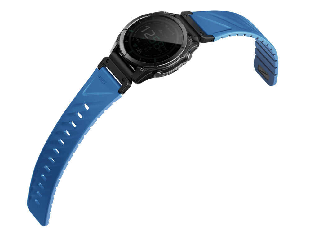 Niebieski pasek do zegarka z czarną kopertą, z widocznym logo \'UNIQ\' na pasku. Pasek ma perforacje i jest przymocowany do zegarka z okrągłą tarczą.