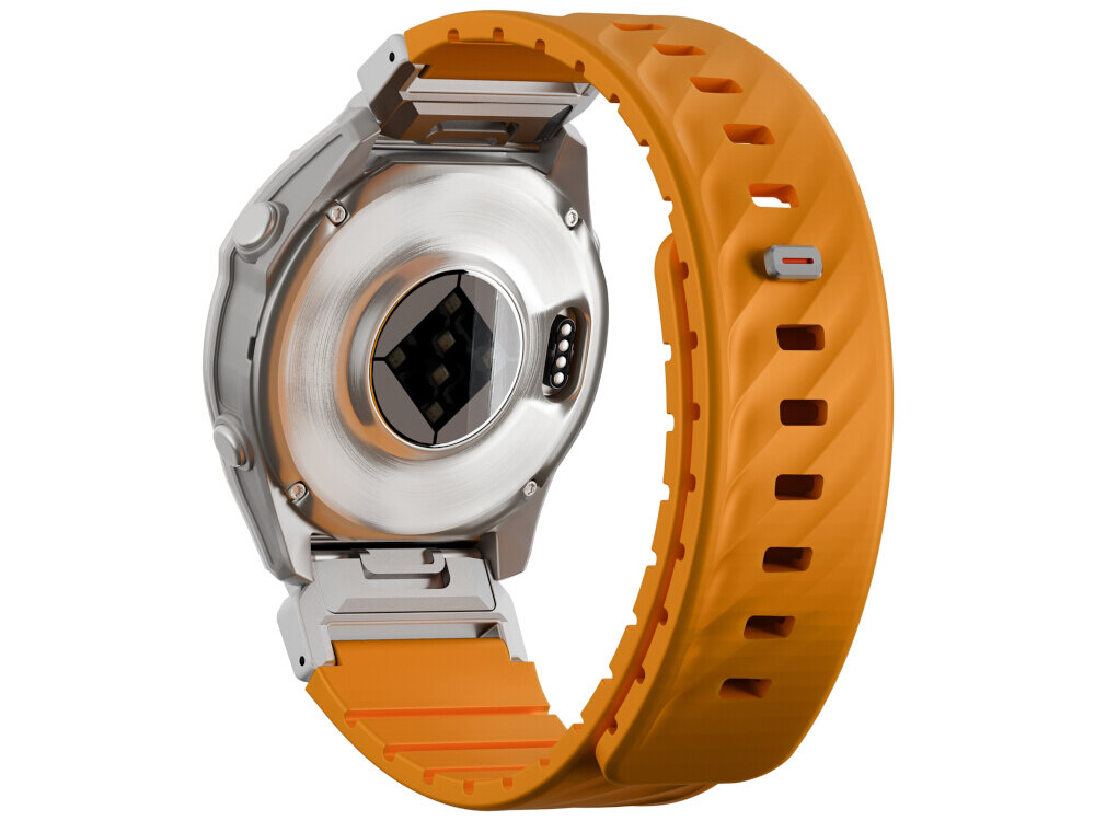 Pomarańczowy pasek do zegarka z metalowym zapięciem i otworami regulacyjnymi. Widoczna jest tylna część koperty zegarka z metalowym wykończeniem.