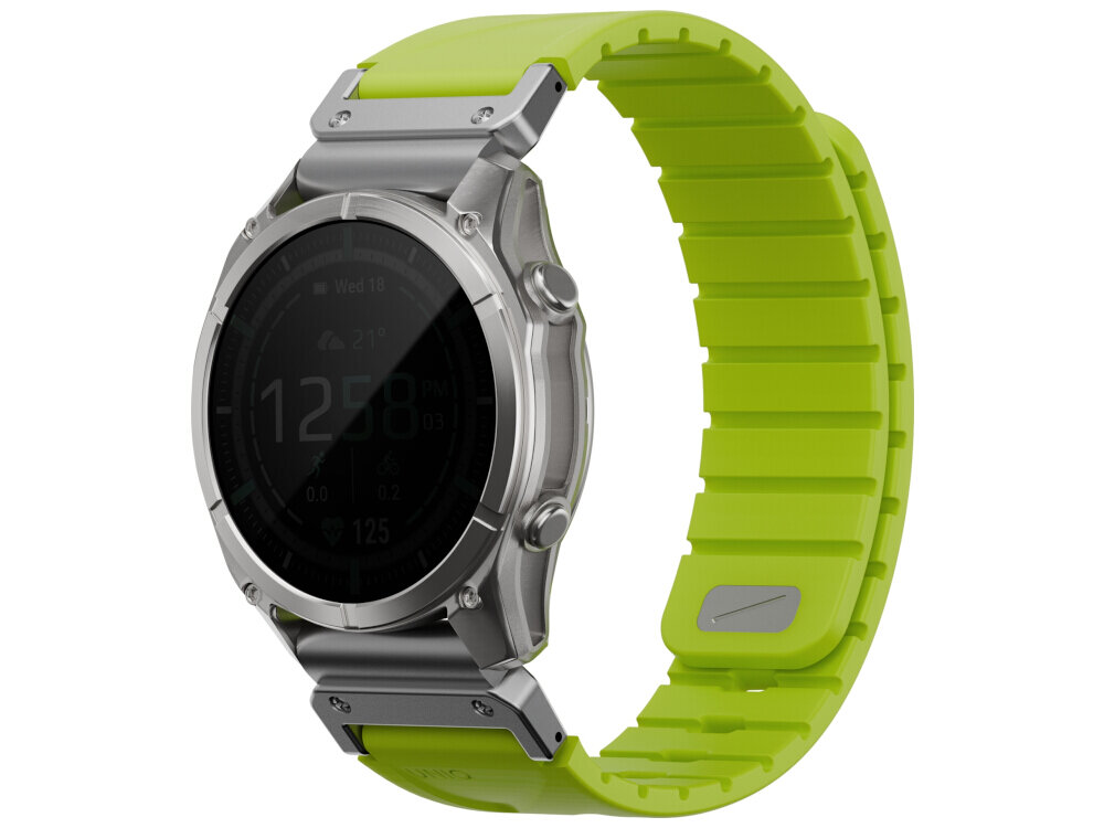 Srebrny zegarek z okrągłą tarczą i limonkowym paskiem. Na wyświetlaczu widoczna jest godzina 12:58 PM oraz kilka ikon i wskaźników.