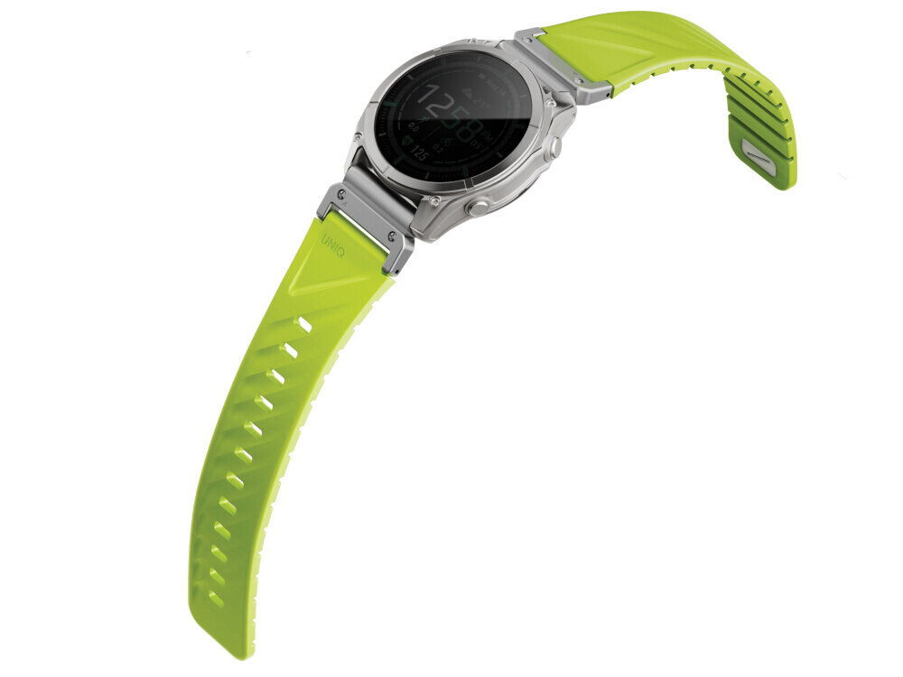Zegarek z limonkowym paskiem o szerokości 26 mm, z metalową kopertą i wyświetlaczem cyfrowym. Na pasku widoczny jest napis \'UNIQ\'.