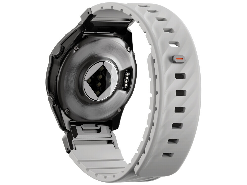 Szary pasek do zegarka z widoczną kopertą zegarka. Pasek ma prostokątne otwory i pomarańczowy akcent na zapięciu.