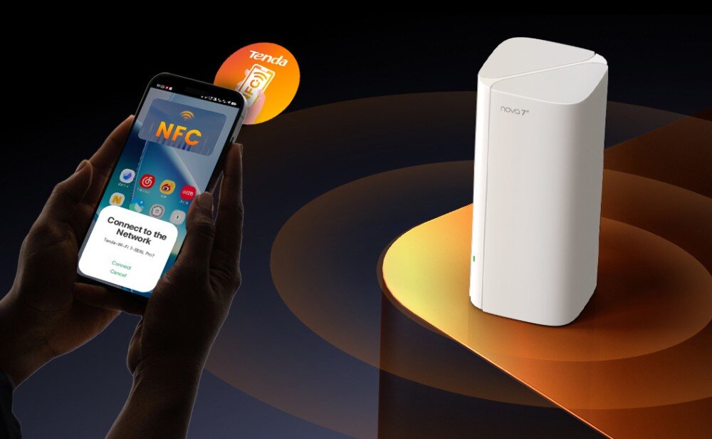 Obraz przedstawia biały router z logo \'nova\' oraz smartfon z wyświetlonym napisem \'NFC Connect to the Network\'. W tle widoczne jest logo \'Tenda\'.