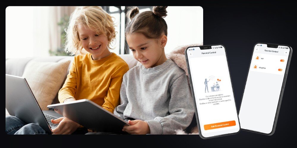 Dwoje dzieci siedzi na kanapie, jedno z nich trzyma laptopa. Obok widoczne są dwa smartfony z aplikacją \'Parental Control\' na ekranie.