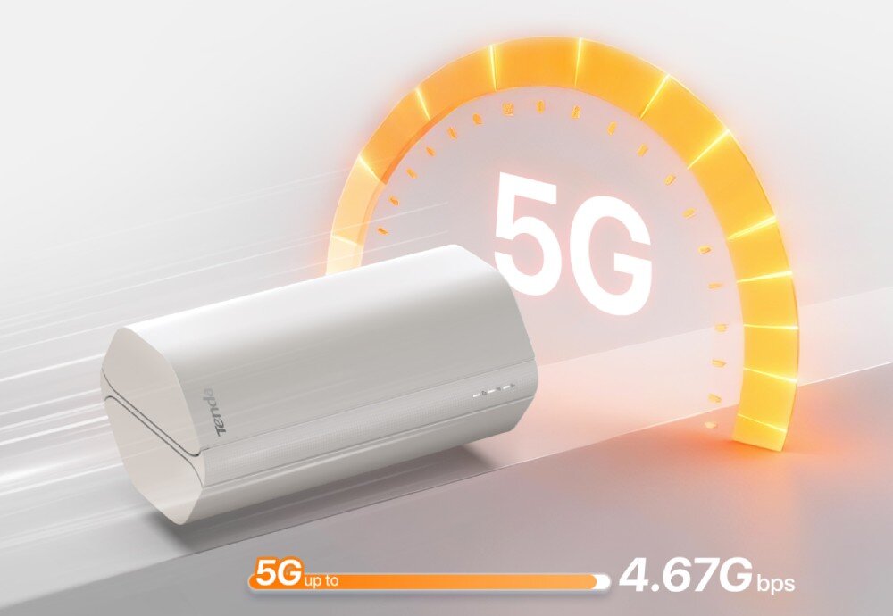 Obraz przedstawia biały router z logo \'Tenda\', obok którego widnieje napis \'5G\' w pomarańczowym łuku. Na dole znajduje się pasek z napisem \'5G up to 4.67 Gbps\'.