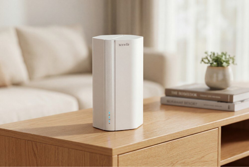 Na drewnianym stoliku znajduje się biały router z logo \'tenda\' i trzema niebieskimi diodami. W tle widać rozmyty fragment kanapy i kilka książek z rośliną w doniczce.