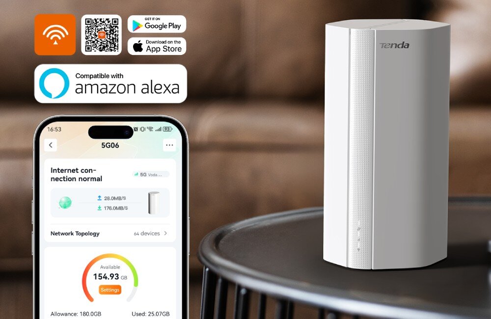 Na obrazie widoczny jest biały router z logo \'tenda\' oraz smartfon z aplikacją pokazującą status połączenia internetowego. Obok znajdują się ikony Google Play, App Store i informacja o kompatybilności z Amazon Alexa.