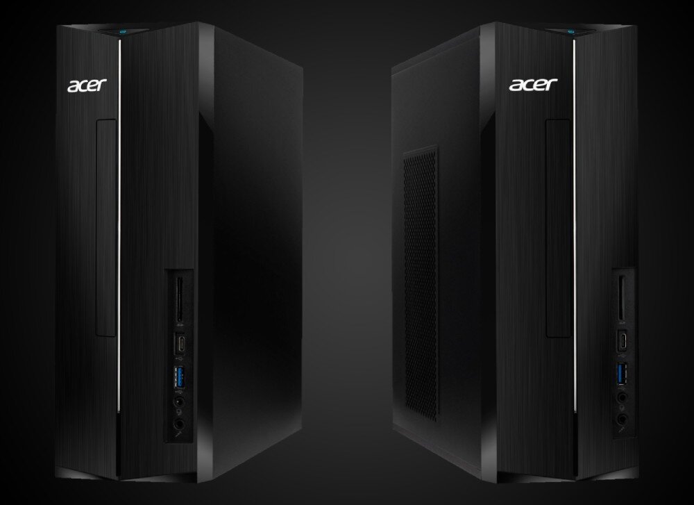 Komputer ACER Aspire XC-1780 Dwie pionowe obudowy komputerowe typu desktop ustawione obok siebie pod kątem na czarnym tle