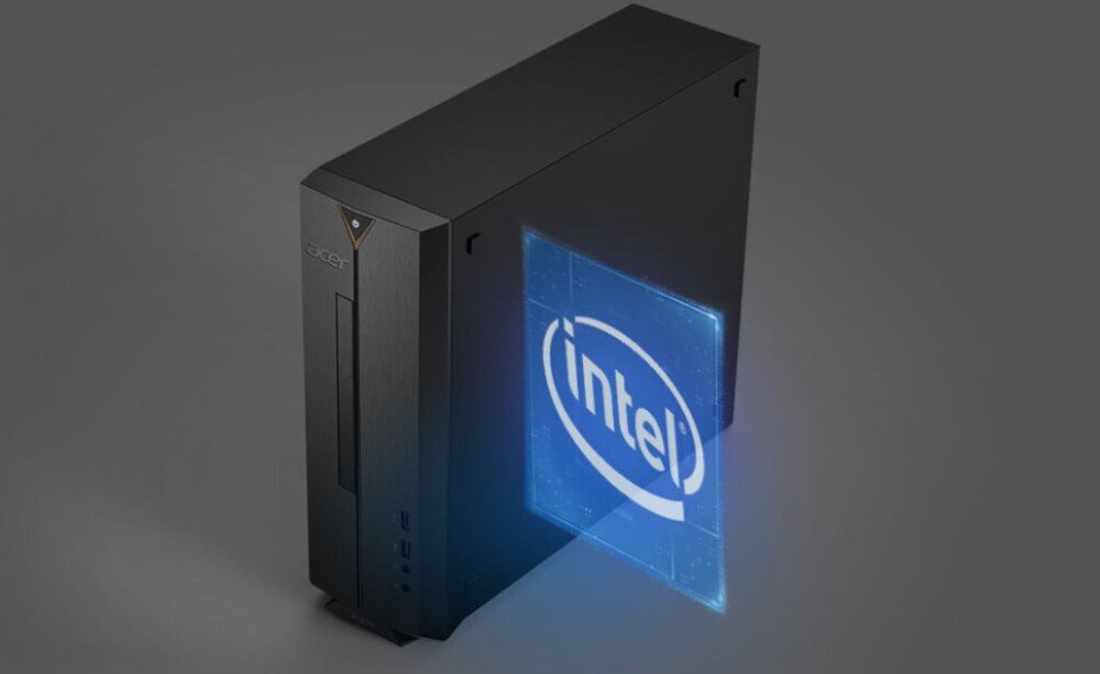 Komputer ACER Aspire XC-1780 Obudowa komputera stacjonarnego widziana z góry, z boku wyświetla się niebieski, przezroczysty prostokąt z logo marki 'intel'