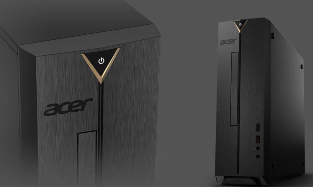 Komputer ACER Aspire XC-1780 Zbliżenie na górną część panelu przedniego obudowy komputera z logiem i przyciskiem zasilania, obok mniejsza, cała obudowa