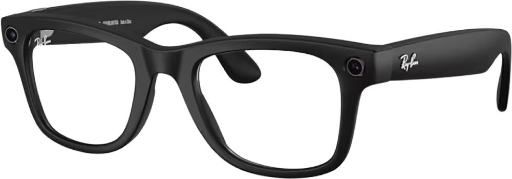 Okulary META Ray-Ban Wayfarer Gen 2 czarne okulary korekcyjne o grubych oprawkach z widocznymi obiektywami kamer w górnych rogach frontu, ułożone pod kątem na jasnym tle z delikatnym odbiciem
