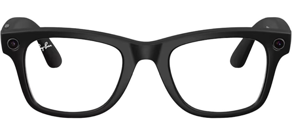 Okulary META Ray-Ban Wayfarer Gen 2 czarne okulary przeciwsłoneczne z ciemnozielonymi szkłami i logo marki w rogu soczewki, widziane od przodu z wyraźnie zaznaczonymi punktami kamer przy zausznikach