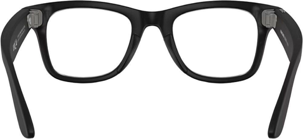 Okulary META Ray-Ban Wayfarer Gen 2 czarne oprawki okularowe widziane od strony wewnętrznej, pokazujące mechanizm zawiasów oraz przezroczyste soczewki