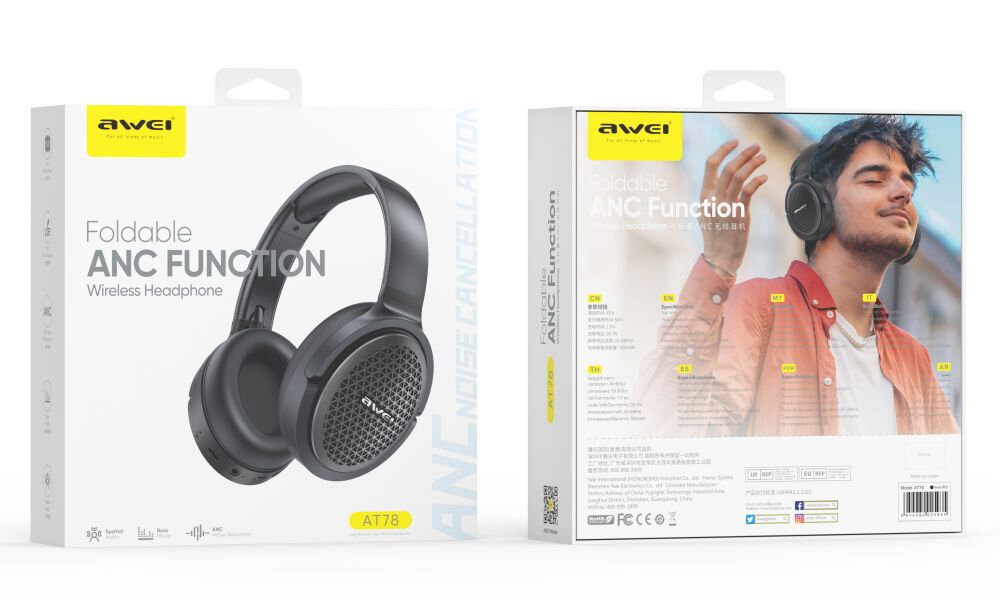 Opakowanie słuchawek nausznych z logo \'awei\' i napisem \'Foldable ANC Function Wireless Headphone\'. Na odwrocie zdjęcie osoby noszącej słuchawki oraz dodatkowe informacje o produkcie.